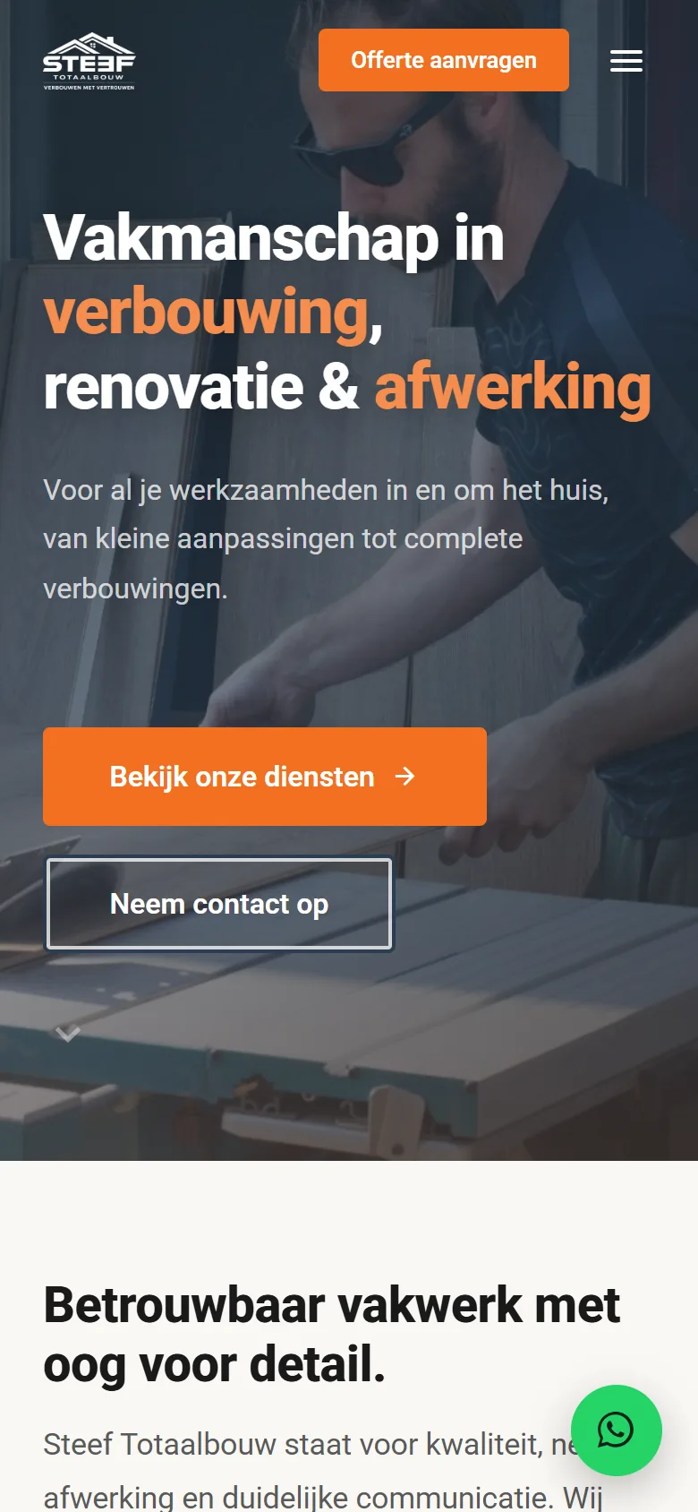 Steef Totaalbouw homepage on mobile